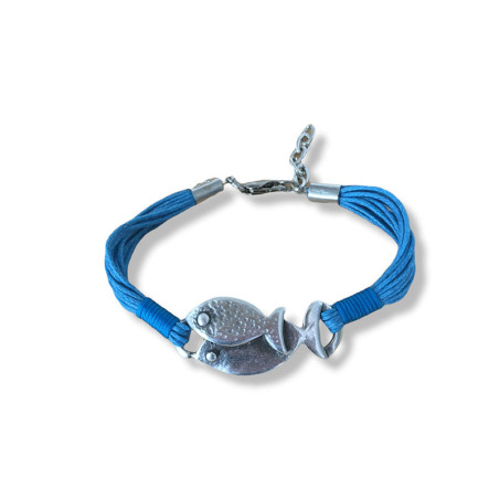 Bracelet sur corde bleue avec poissons en métal argenté