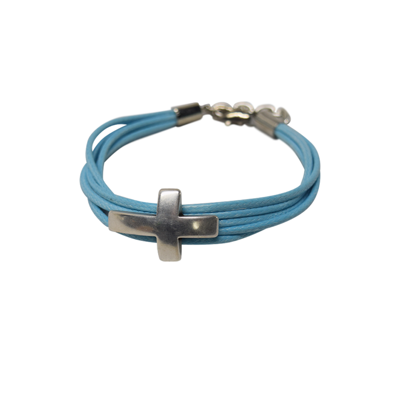 Bracelet en corde bleu et croix en métal