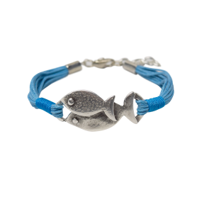 Bracelet sur corde bleue avec poissons en métal argenté