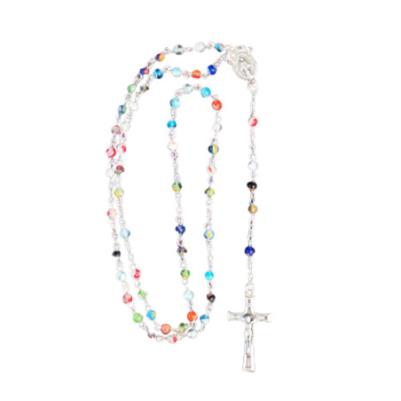 Chapelet en verre multicolore, chaîne argentée (N)